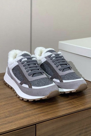 Женские замшевые кроссовки с мехом Brunello Cucinelli premium   