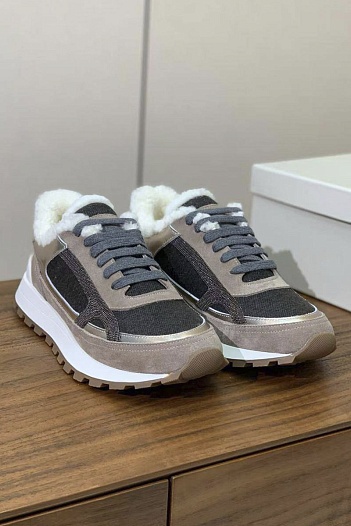 Женские замшевые кроссовки с мехом Brunello Cucinelli premium   