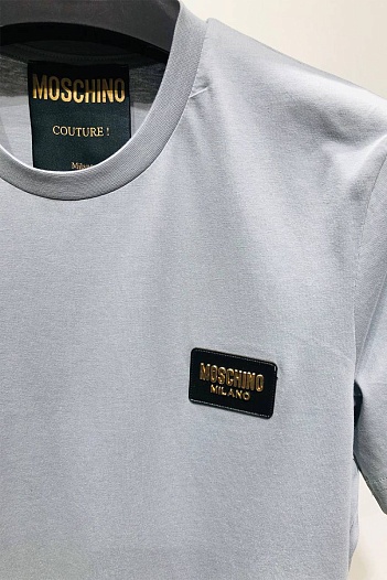 Мужская серо-синяя футболка Moschino logo-patch   