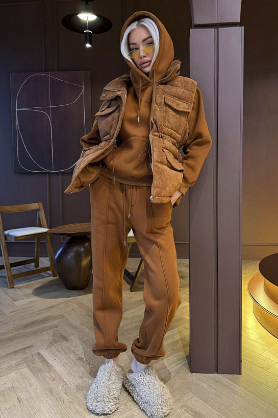 Женский костюм тройка на флисе Loro Piana premium - Chestnut