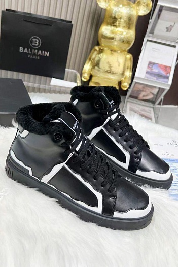 Кожаные кроссовки с мехом Balmain high-top - Black / White   