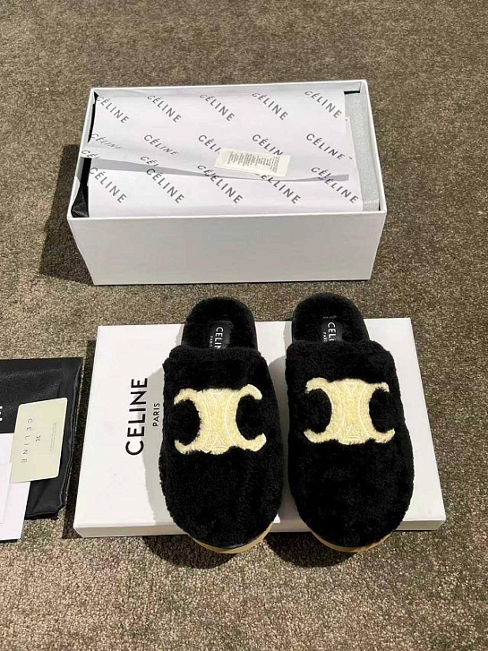 Женские меховые шлёпанцы Celine Triomphe premium