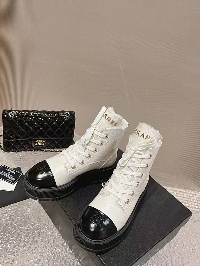 Женские кожаные ботинки с мехом Chanel Premium   