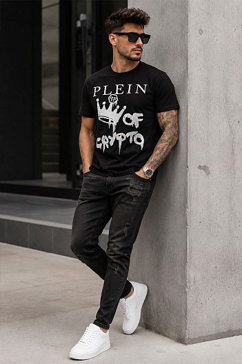 Чёрная футболка со стразами Philipp Plein king of crypto   