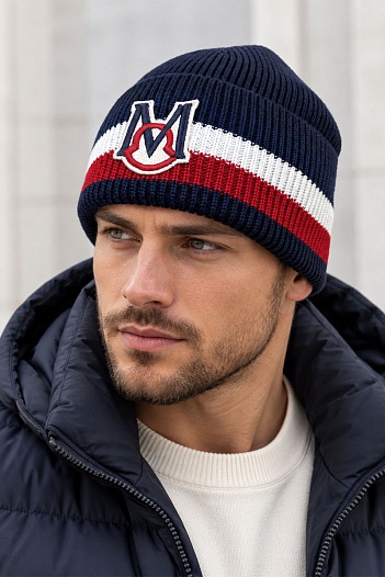 Мужская брендовая шапка Moncler тёмно-синего цвета   