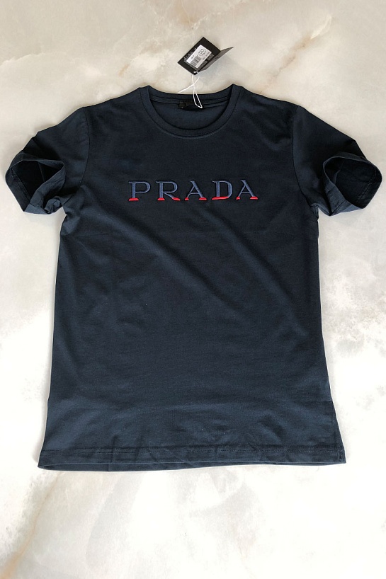 Тёмно-синяя мужская футболка Prada embroidered logo