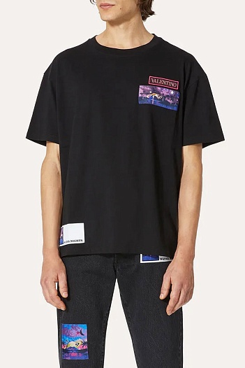 Мужская чёрная футболка Valentino brocade patch   
