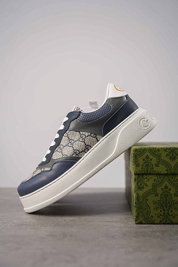 Мужские кожаные кроссовки Gucci - Grey / Blue   