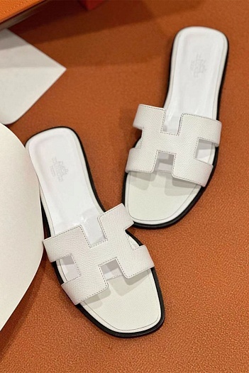 Женские кожаные шлёпанцы Hermes Premium - White   