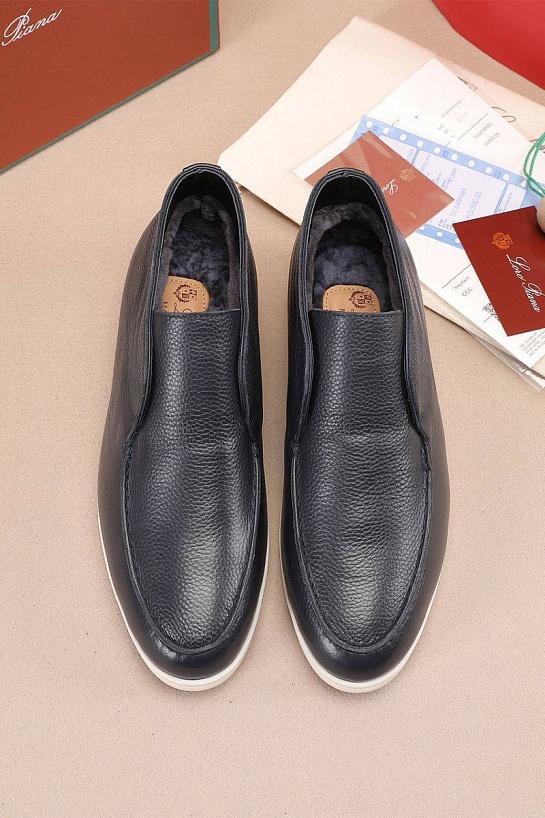 Кожаные лоферы с мехом Loro Piana Open Walk - Navy