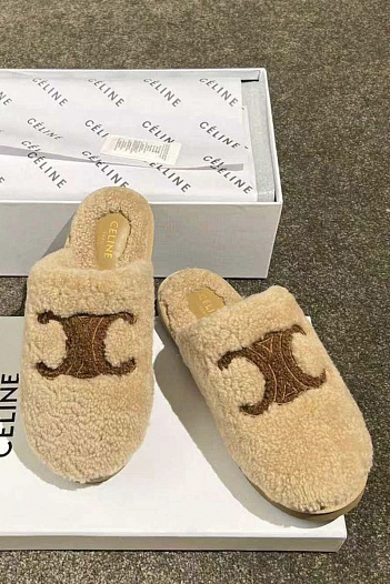 Женские меховые шлёпанцы Celine Triomphe premium   