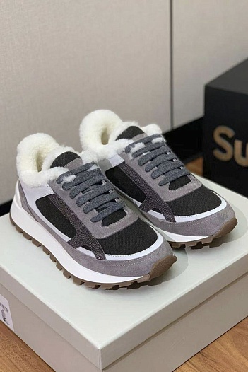 Женские замшевые кроссовки с мехом Brunello Cucinelli premium   