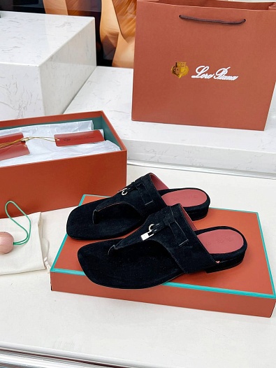 Женские замшевые шлёпанцы Loro Piana Premium - Black   