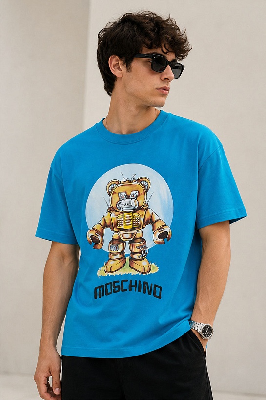 Синяя футболка Moschino Couture Robot Teddy graphic-print