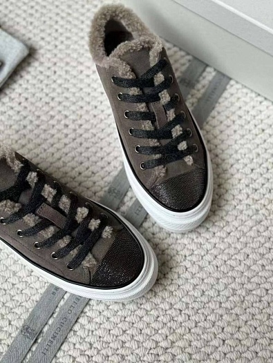 Женские кроссовки с мехом Brunello Cucinelli Premium - Grey   