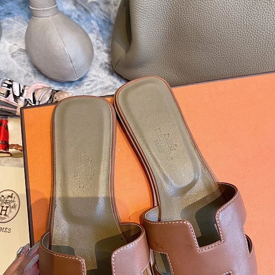 Женские кожаные шлёпанцы Hermes Premium - Brown