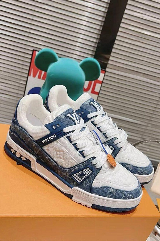 Женские кожаные кроссовки Louis Vuitton Trainer Monogram - White / Blue