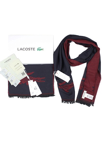 Брендовый чёрно-бордовый шарф с логотипом Lacoste 185x35 см   