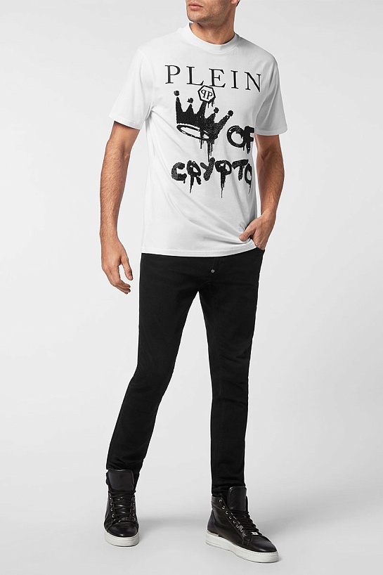 Белая футболка со стразами Philipp Plein king of crypto