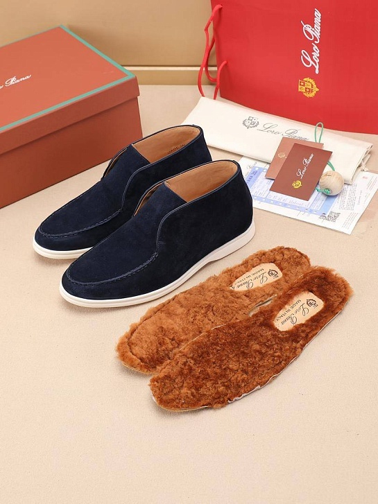 Замшевые лоферы с меховой стелькой Loro Piana Open Walk - Navy