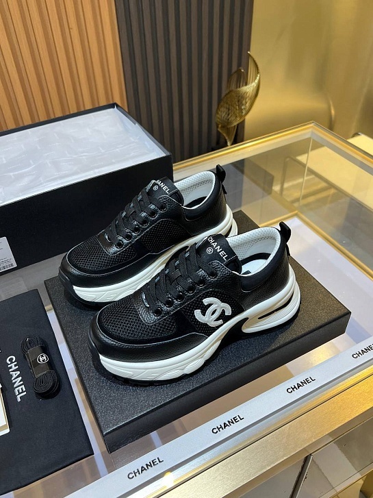 Женские кожаные кроссовки Chanel Premium - Black