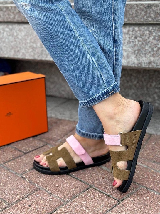 Женские замшевые сандалии Hermes Chypre - Pink / Brown