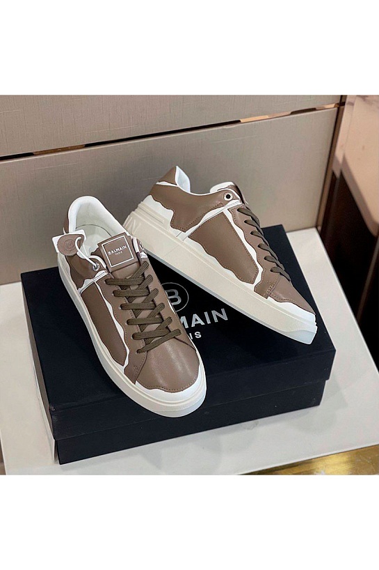 Коричневые кожаные кроссовки Balmain