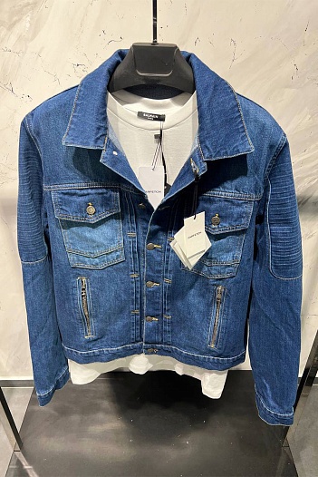 Синяя джинсовая куртка Balmain Paris logo   