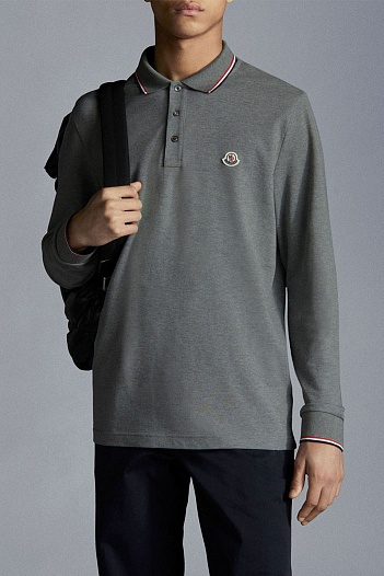 Серое поло с длинным рукавом Moncler logo-patch   
