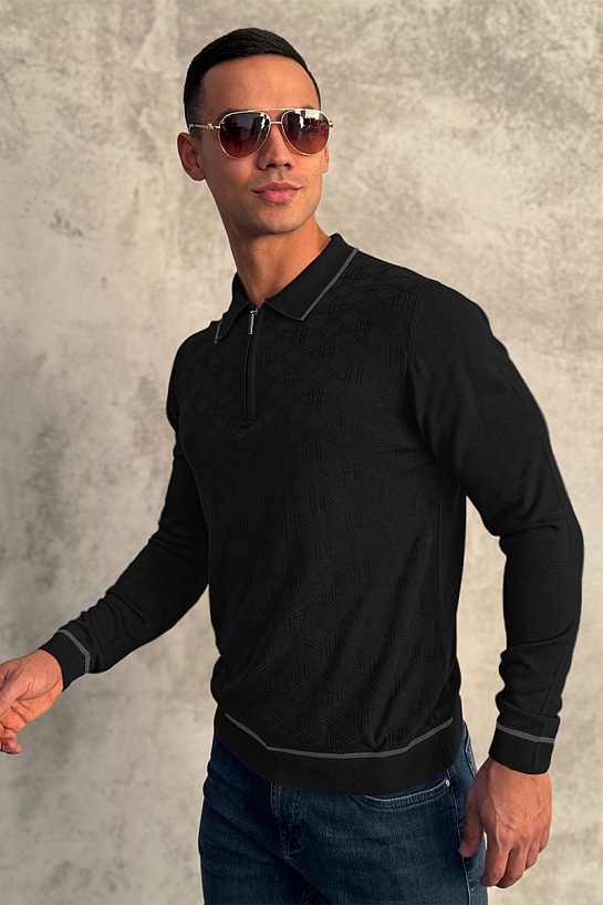 Чёрное поло с длинным рукавом Stefano Ricci zip-up