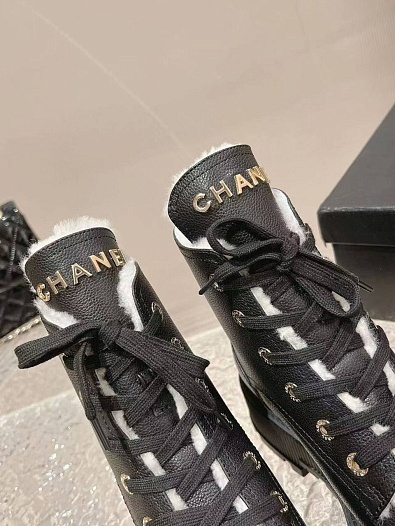 Женские кожаные ботинки с мехом Chanel Premium   