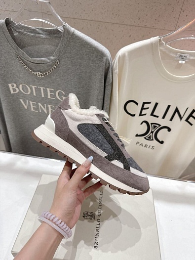 Женские замшевые кроссовки с мехом Brunello Cucinelli premium   