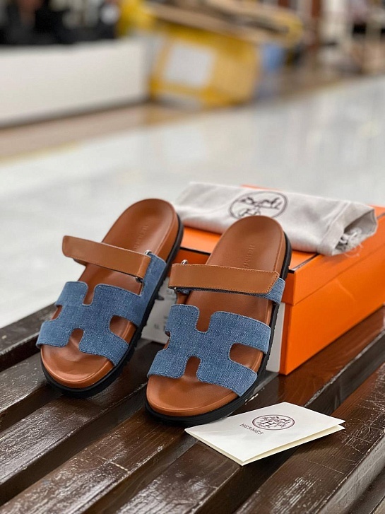 Женские кожаные сандалии Hermes Chypre - Brown / Blue