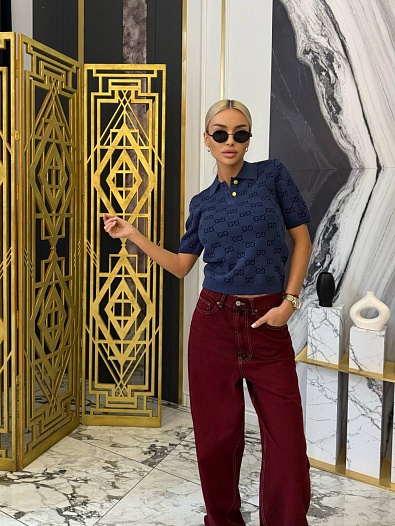 Синее женское поло Gucci GG monogram-pattern   