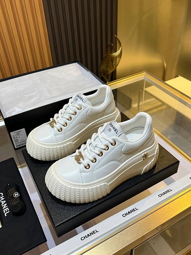 Женские кожаные кроссовки Chanel Premium - White   