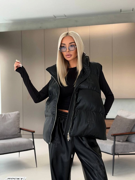 Женский пуховой жилет из эко кожи Chrome Hearts Premium