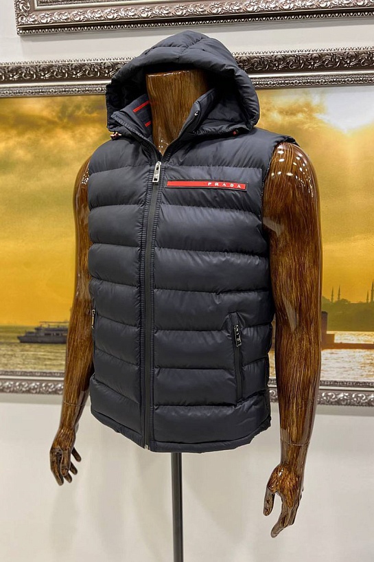 Мужской тёмно-синий жилет Prada с капюшоном