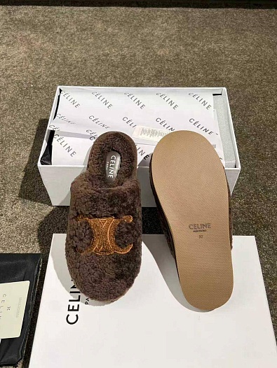 Женские меховые шлёпанцы Celine Triomphe premium   