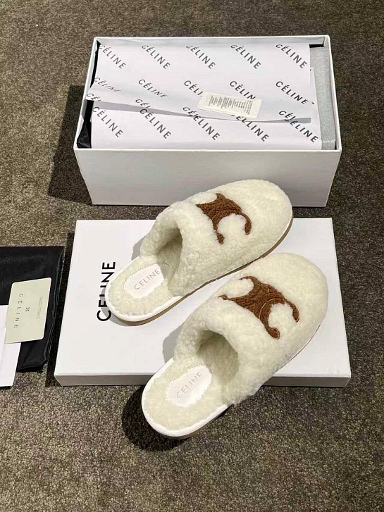 Женские меховые шлёпанцы Celine Triomphe premium