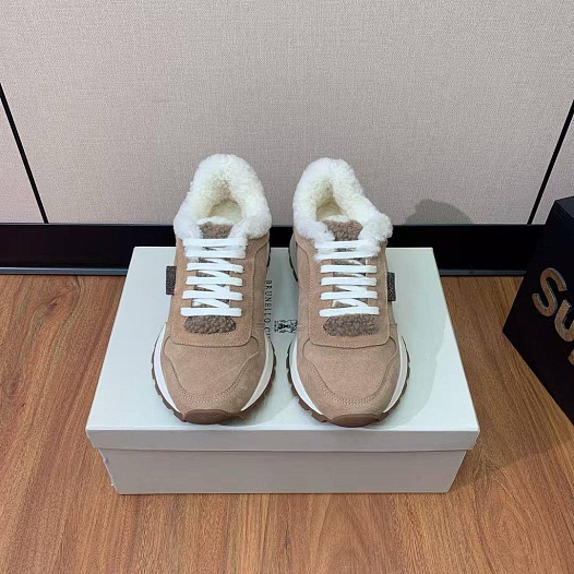 Женские замшевые кроссовки с мехом Brunello Cucinelli premium   