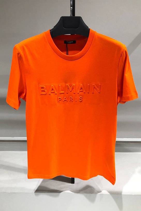 Оранжевая футболка Balmain Paris embossed-logo