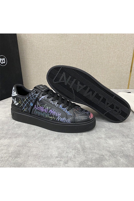 Чёрные кожаные кроссовки Balmain B-Court Graffiti