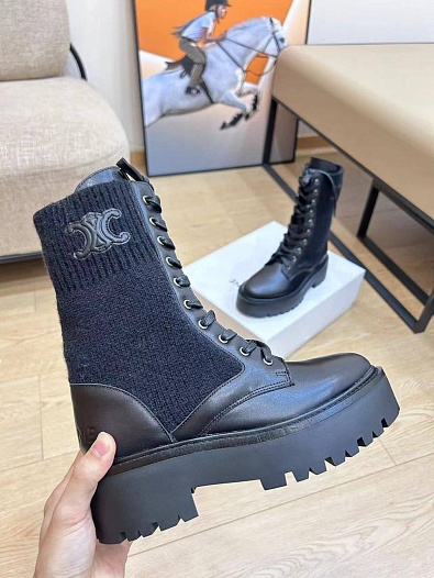 Женские комбинированные ботинки Celine Premium - Black   