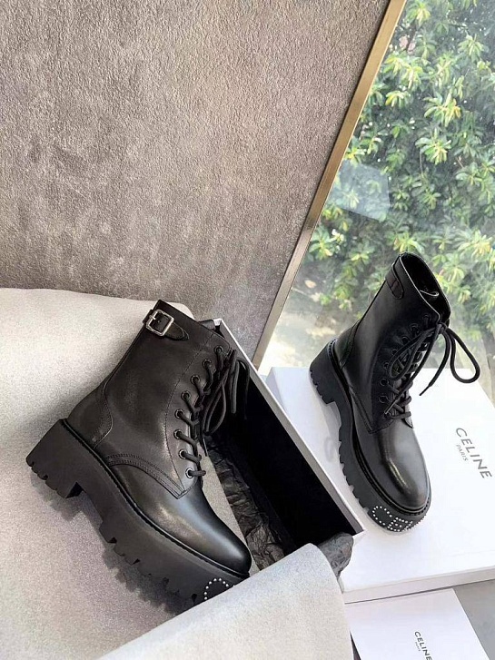 Женские кожаные ботинки с мехом Celine premium - Black