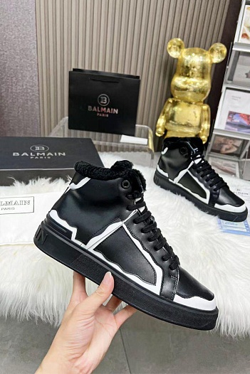 Кожаные кроссовки с мехом Balmain high-top - Black / White   