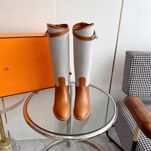 Женские кожаные сапоги Hermes Premium - Brown / White   