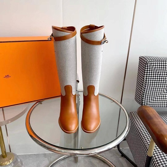 Женские кожаные сапоги Hermes Premium - Brown / White