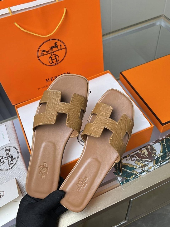 Женские кожаные шлёпанцы Hermes Premium - Chestnut