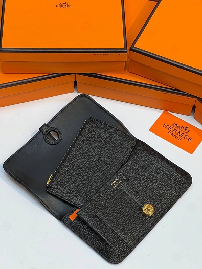 Кожаный кошелёк Hermes Dogon Duo - Black 19.5x12 см   