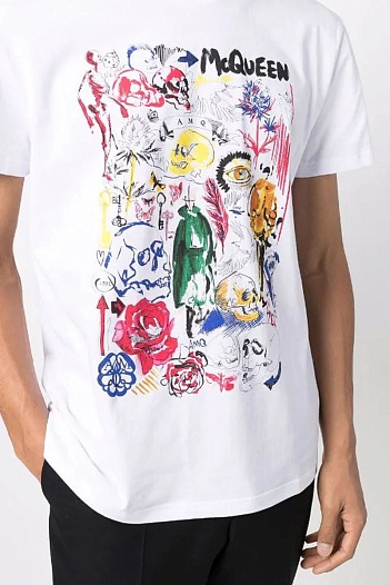 Мужская белая футболка Alexander McQueen graphic skull   